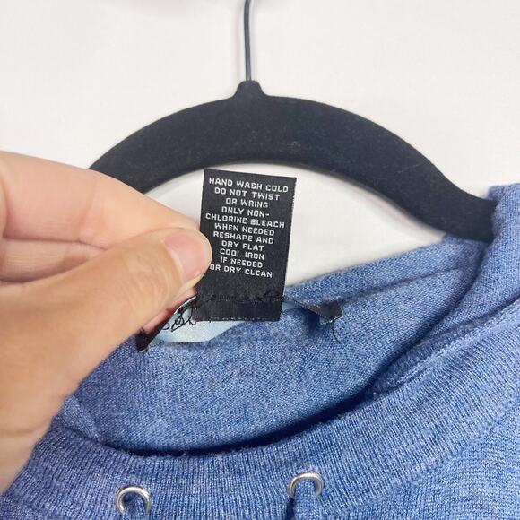 Joan Vass Womens Medium M Blue Lightweight Hooded Sweater Tie Sleeve Cuffs - Picture 7 of 10